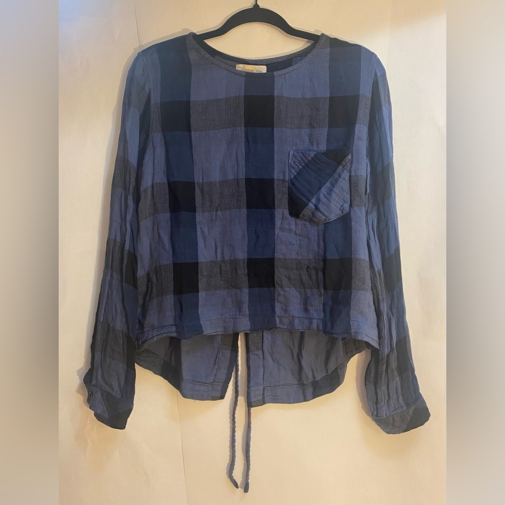 Cloth & Stone Blue Black Plaid Lace Up Back‎ Long Sleeve Top Size Small